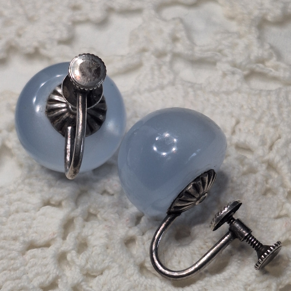Moonglow Sterling Screwback Vintage Earrings Dusty Powder Blue Pearly Glow 1960s